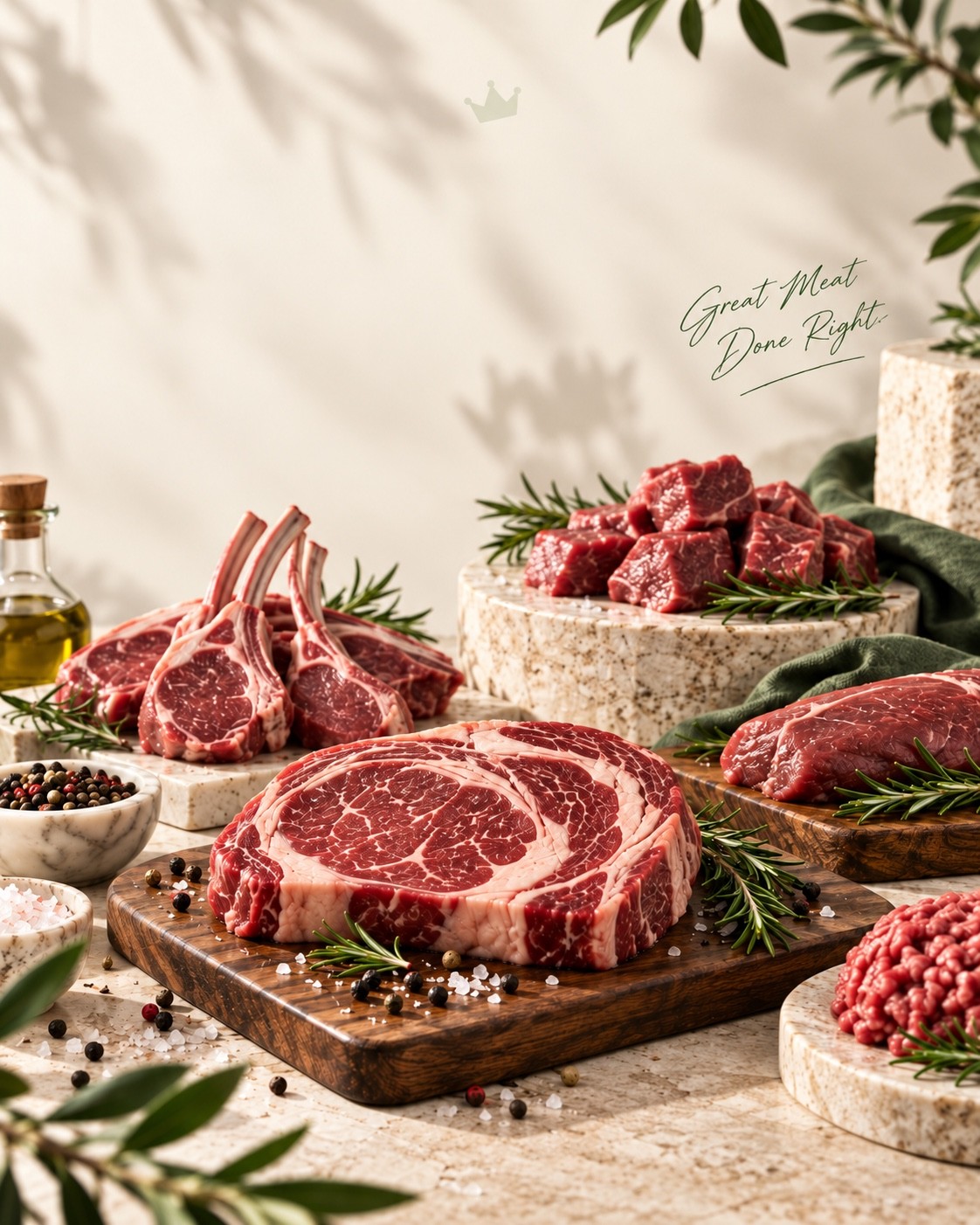 A selection of premium halal cuts — ribeye steak, lamb chops, diced beef and mince — laid out on a board